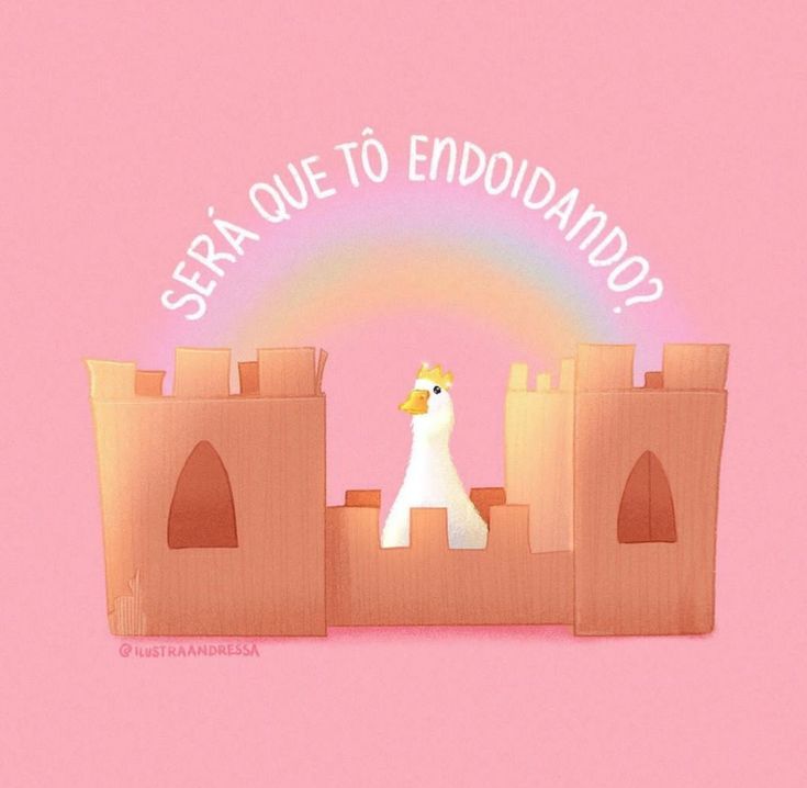 there is a bird that is standing in front of a castle with a rainbow behind it