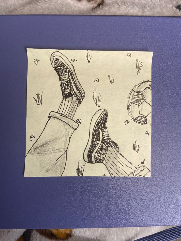 a drawing of two people's feet with their shoes off and holding a soccer ball