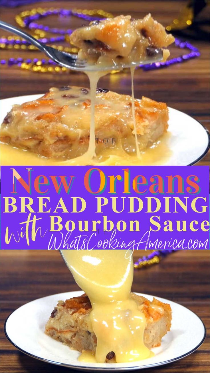 new orleans bread pudding with bourbon sauce is on a white plate and drizzled with icing