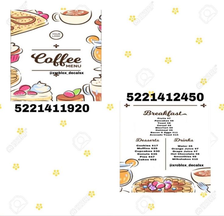 two menus with coffee and dessert items on them