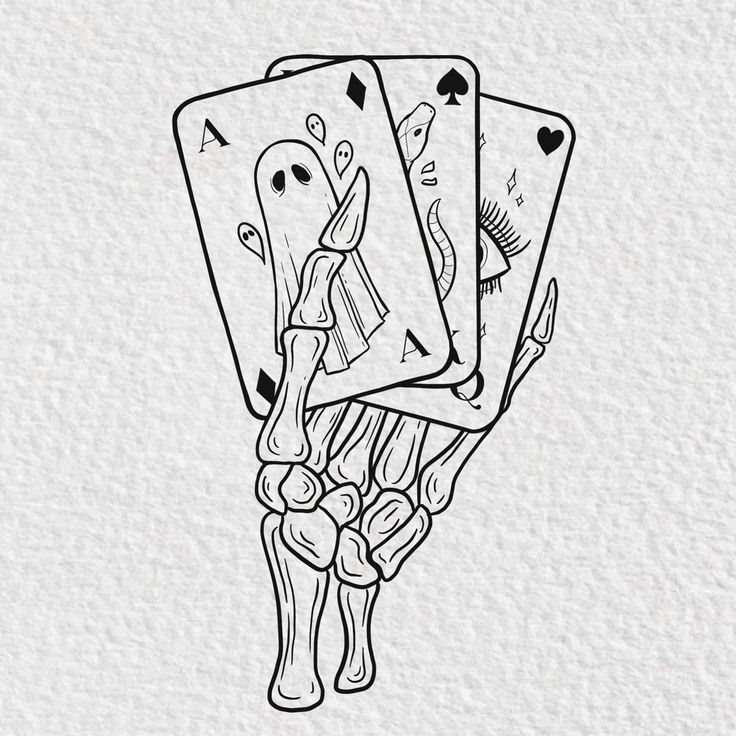 Skeleton hands playing a game of cards tattoo art Skull Hand Holding Cards, Tattoos In Vegas, Skeleton Hand Holding Cards Tattoo, Vegas Flash Tattoo, Inktober Drawings Ideas, Handmade Playing Cards, Hand Of Cards Tattoo, Halloween Line Drawings, Vegas Inspired Tattoos