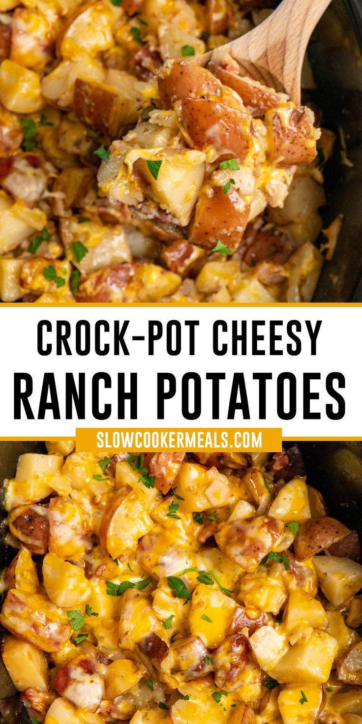 Close up of Crock-Pot cheesy ranch potatoes with bacon on a wooden spoon. Cheesy Bacon Ranch Potatoes, Cheesy Ranch Potatoes, Crockpot Side Dishes, Potatoes Crispy, Zesty Ranch, Bacon Ranch Potatoes, Cheesy Ranch, Ranch Potatoes, Easy Crockpot Dinners