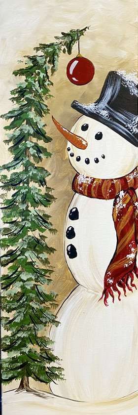 a painting of a snowman wearing a hat and scarf next to a pine tree