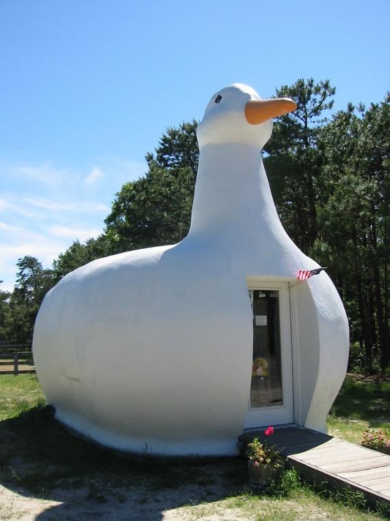 a large white duck shaped building sitting on top of a grass covered field next to trees