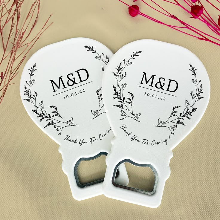 two personalized wedding fan shaped bottle openers