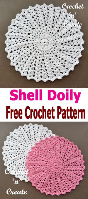 crochet doily is shown with the text shell doily free crochet pattern