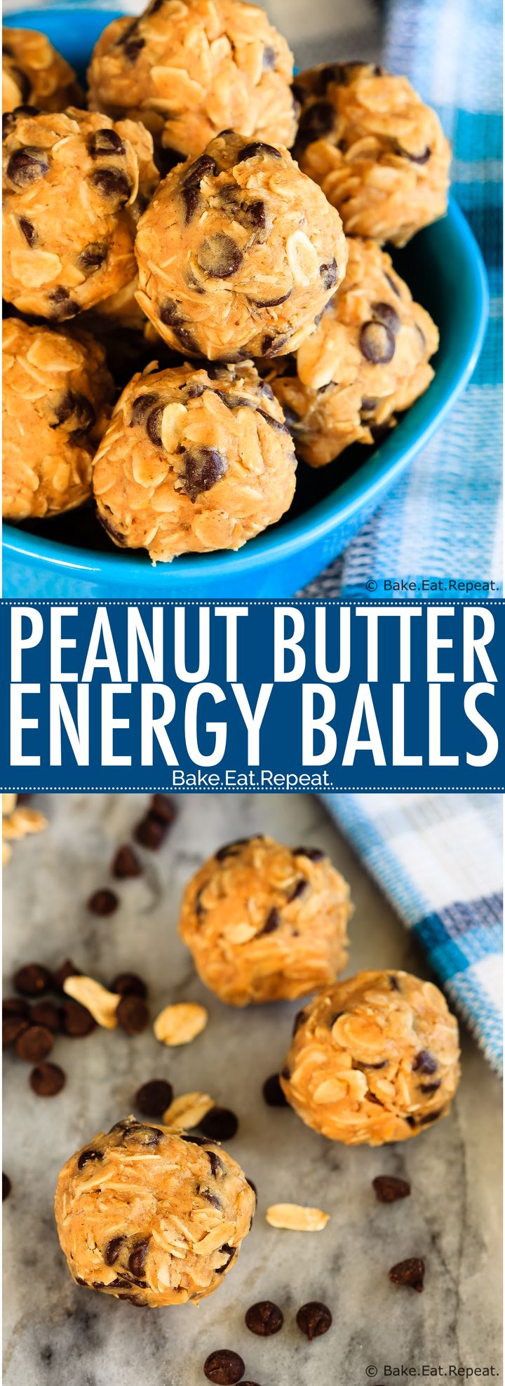 peanut butter energy balls in a blue bowl with chocolate chips on the side and text overlay