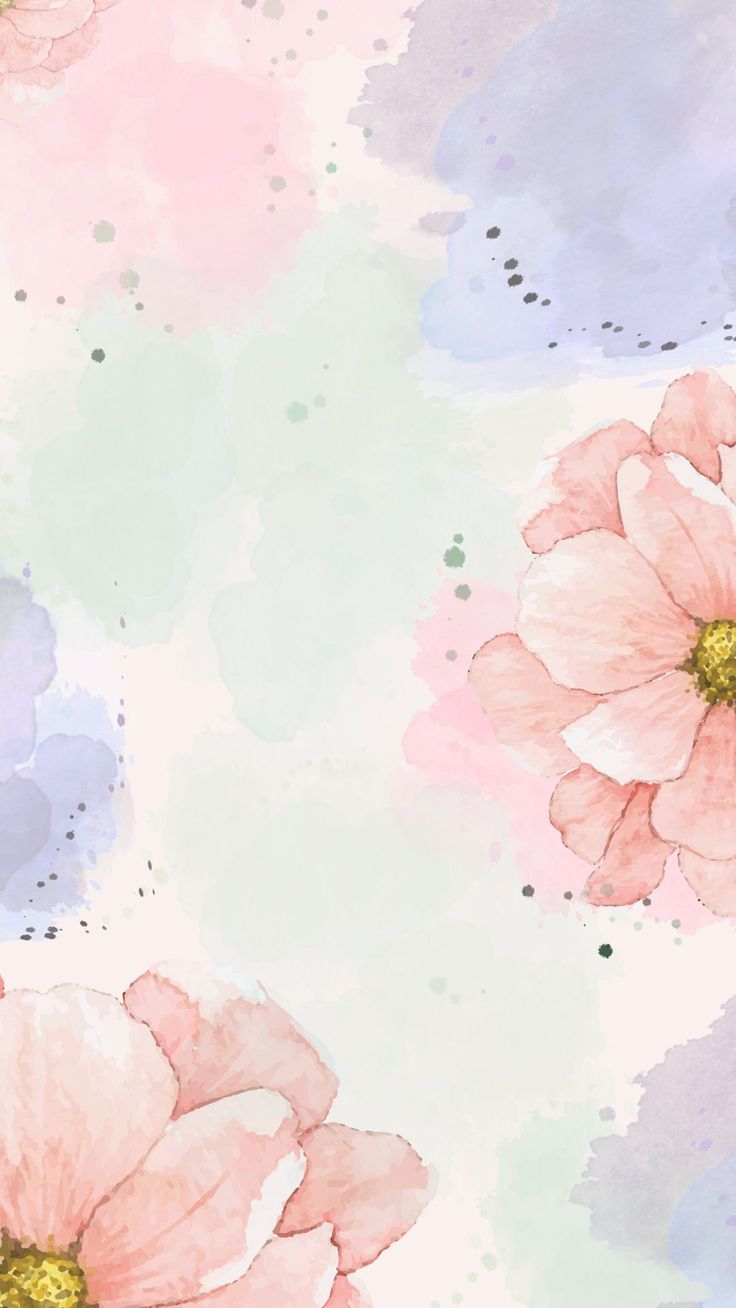 pink and blue flowers are painted on a pastel colored background with gold dots in the center