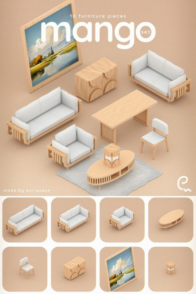 an image of a living room set made out of wood and white couches, coffee table