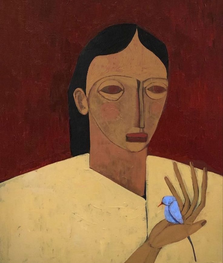 a painting of a woman holding a bird in her right hand and wearing a white shirt