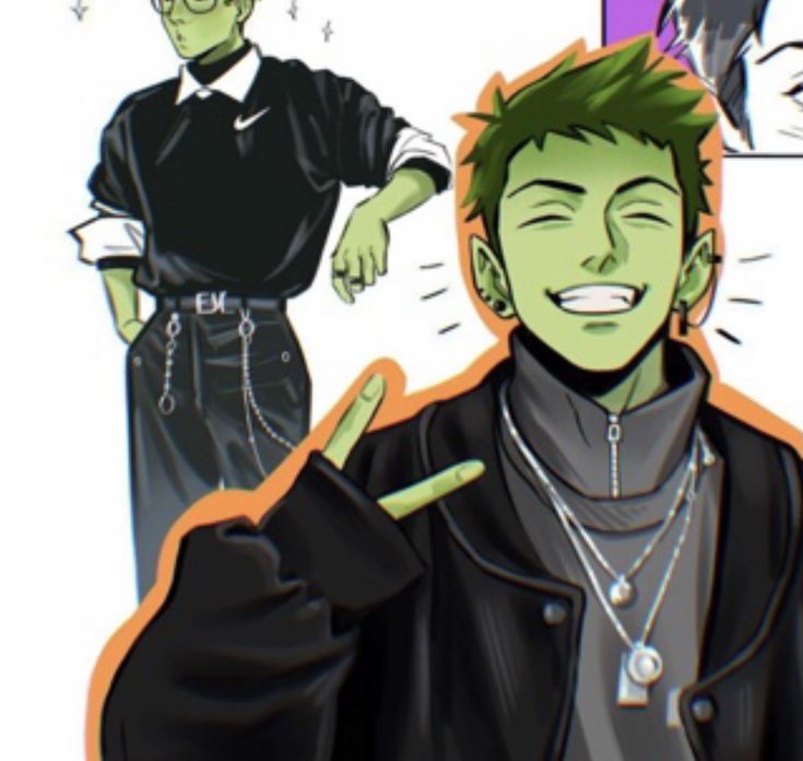 an image of a man with green hair pointing at another man wearing black and white