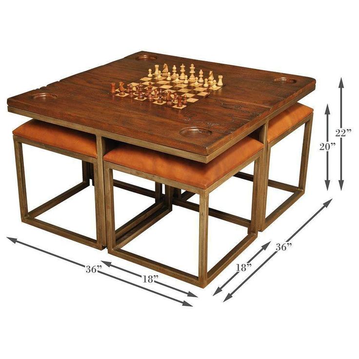 a wooden table with two stools and a chess board on the top, as well as measurements