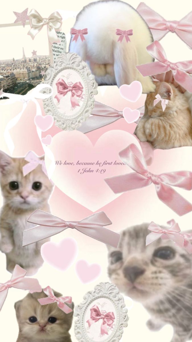 a collage of cats with hearts and bows