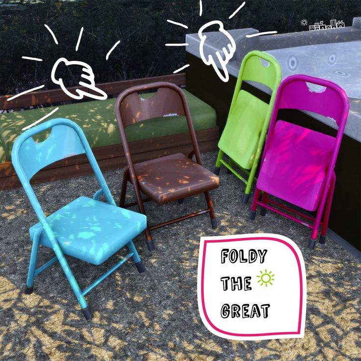 four folding chairs sitting next to each other in front of a sign that says fold the great