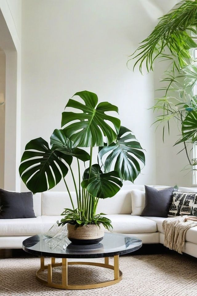 a living room filled with furniture and a large potted plant on top of a coffee table