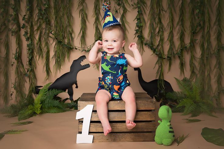 a baby in a birthday hat sitting on a wooden crate with dinosaurs and plants behind him