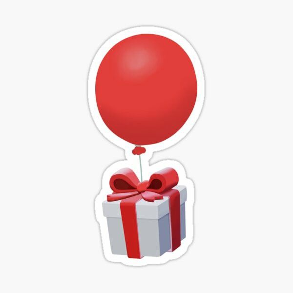 a red balloon flying over a white box with a bow on it's tail