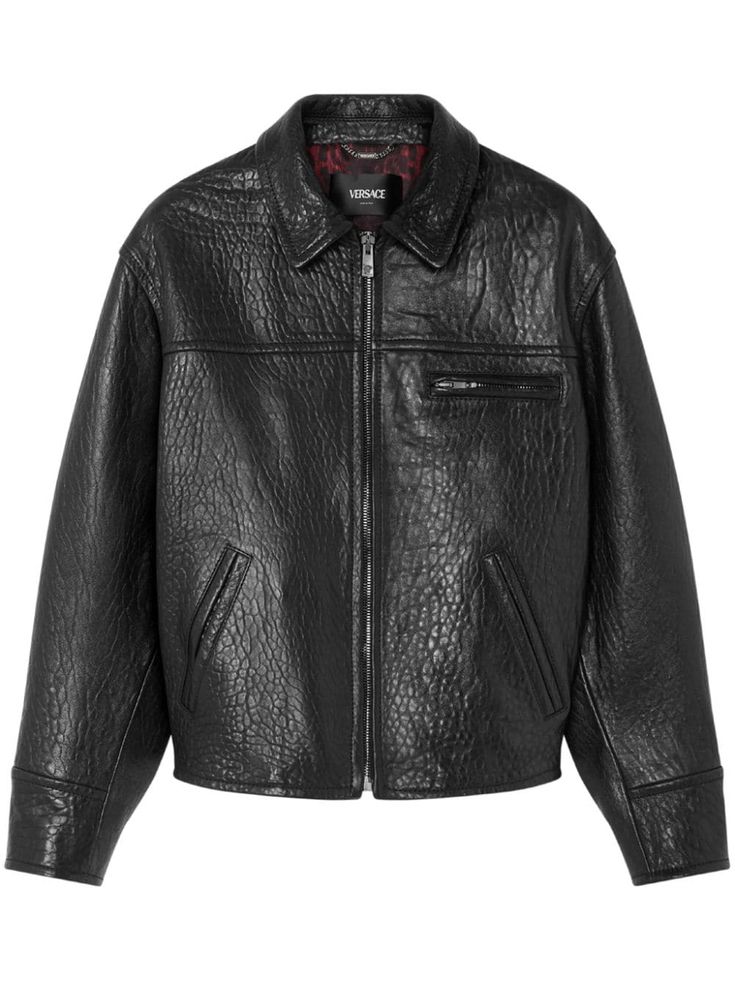 black lambskin textured finish two side welt pockets front zip fastening classic collar zip-fastening chest pocket long sleeves straight hem Versace Jacket, Versace Outfit, Balenciaga Triple S, Leather Jacket Black, Short Suit, Sweaters Knitwear, Espadrille Shoes, Mens Outerwear, Welt Pockets