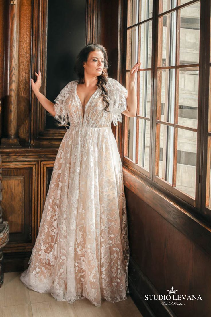 Romantic Plus Size Flower Appliques Lace V-neck Wedding Dress By Studio Levana Boho Lace Wedding Dress Plus Size, Lace Wedding Gown Plus Size, Boho Wedding Dress Big Size, Plus Size Wedding Gowns Vintage, Boho Bridal Gowns Plus Size, Plus Size Wedding Dresses Not White, Boho A Line Wedding Dress Plus Size, Wedding Dresses Boho Plus Size, Boho Plus Wedding Dress