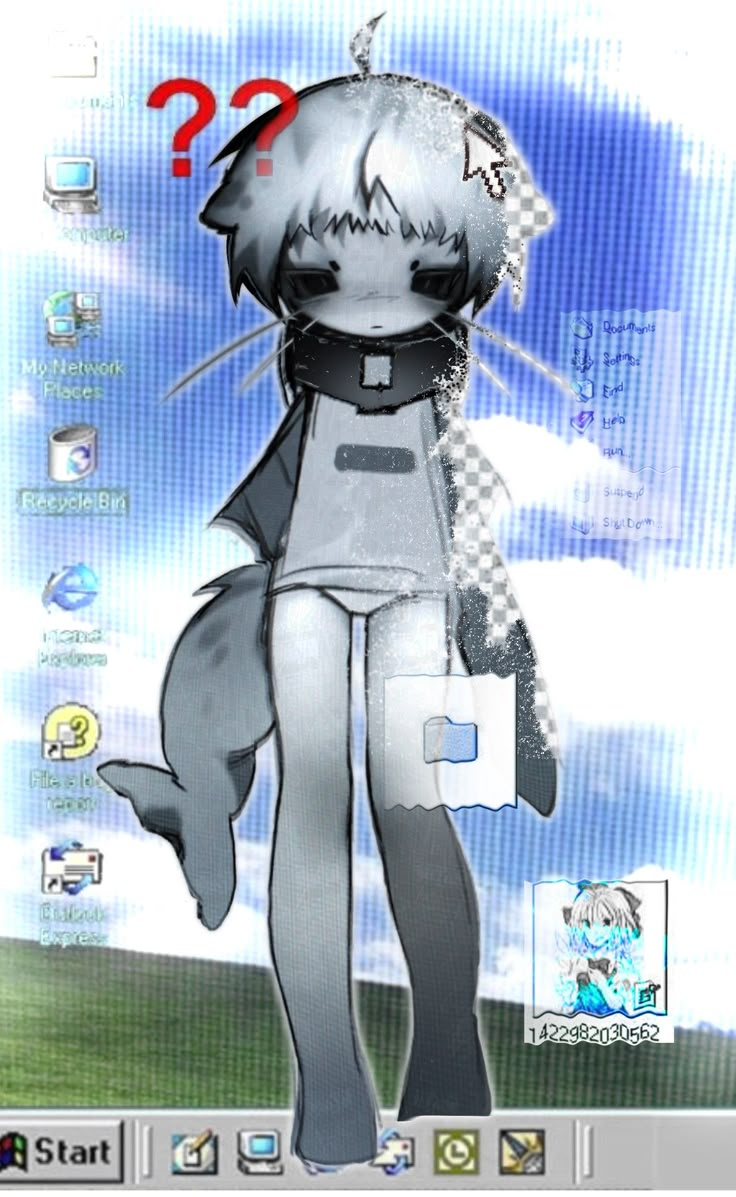 an anime character is standing in front of a computer screen