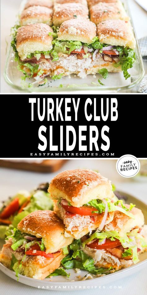 turkey club sliders with lettuce, tomato and cheese in the middle on a plate