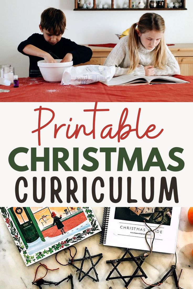 two children are sitting at a table with christmas decorations and books on it, while the title reads printable christmas curioum