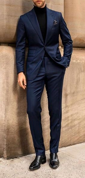 Navy Blue Suit Jacket Outfit Men, Navy Blue Prom Outfit Men, Dark Blue Suit Prom, Navy Blue Suit Black Shirt, Turtle Neck Outfit Men Suit Prom, Turtle Neck Outfit Men Suit, Dark Blue Formal Outfit Men, Blue Suit And Black Shirt, Dark Blue Prom Suit