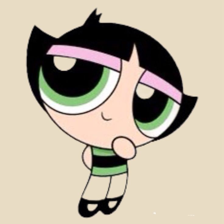 the powerpuff girls cartoon character with green eyes and black hair, looking to her left