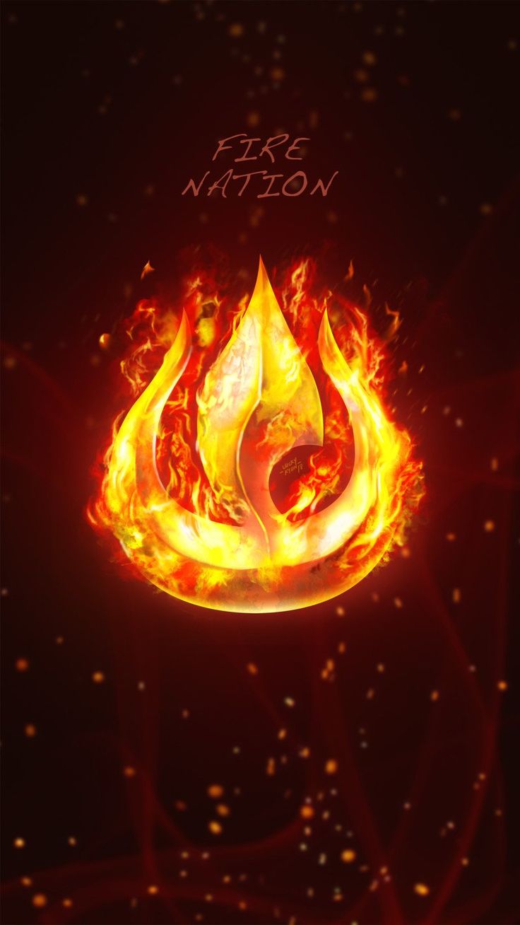 the fire nation logo is shown on a black background with red and yellow flames around it