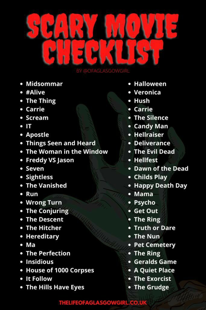 the scary movie checklist is shown in red and black, with words above it