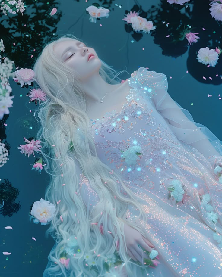 a woman with long white hair is floating in water surrounded by flowers