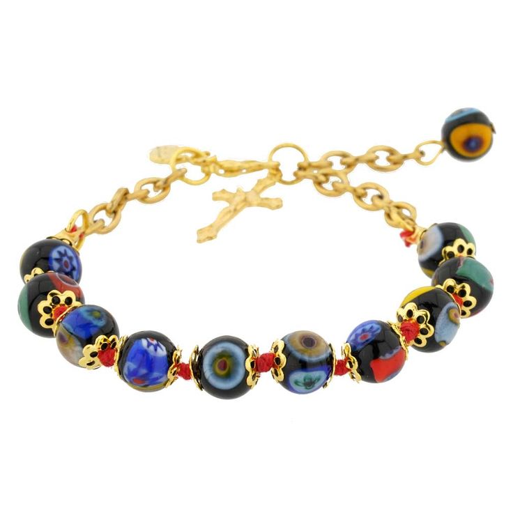 If you are looking for jewelry that is not just beautiful and elegant, but also meaningful and unique, don't look any further than this Murano Glass Millefiori Rosary Bracelet. Centuries-old Murano glass technique perfected by Italian master craftsmen of Venice is used to create a colorful mosaic effect, which is a perfect reminder of Italy. The bracelet features a beautiful gold-plated crucifix and a high-quality gold-plated chain with an extender to fit any wrist size. Classic and timeless, th Symbolic Multicolor Beaded Jewelry, Adjustable Spiritual Glass Bracelets, Black Bangle Jewelry With Colorful Beads, Black Bangle With Colorful Beads, Symbolic Multicolor Round Beads Jewelry, Elegant Adjustable Charm Bracelet With Colorful Beads, Multicolor Glass Bracelet Jewelry, Glass Bangle Jewelry Gift, Adjustable Gold Glass Bracelet