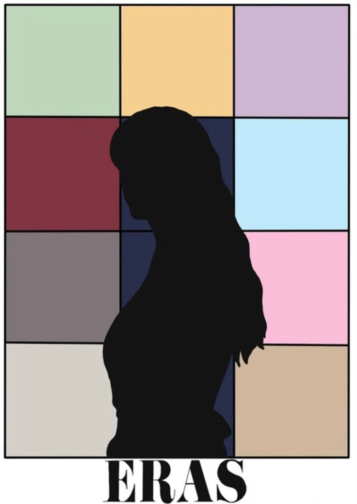 the silhouette of a pregnant woman in front of colored squares that say fras,