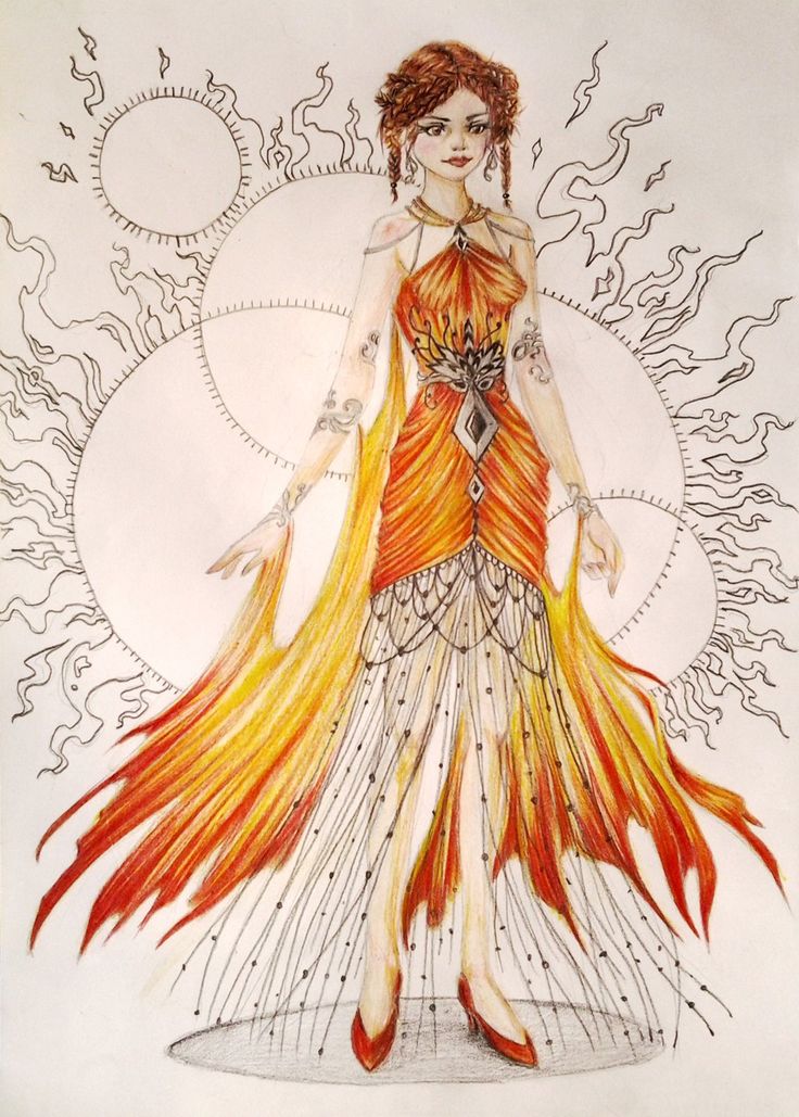 a drawing of a woman in an orange dress with flames on her body and arms