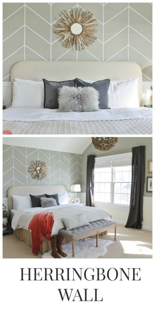 two pictures of a bedroom with white and gray walls, one has a large bed and the other has pillows on it