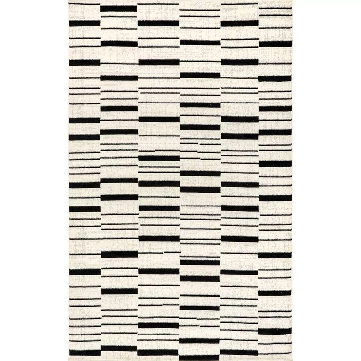 a black and white rug with stripes on it