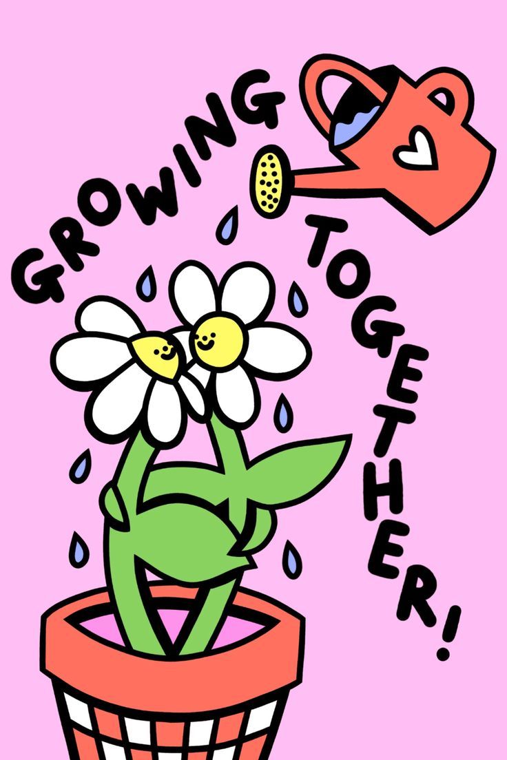 a drawing of a flower in a pot with the words growing together above it and an image of a watering can