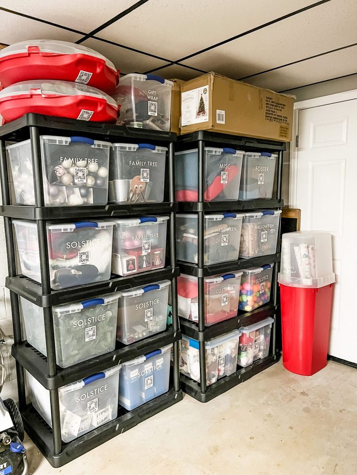 the storage area is filled with plastic containers