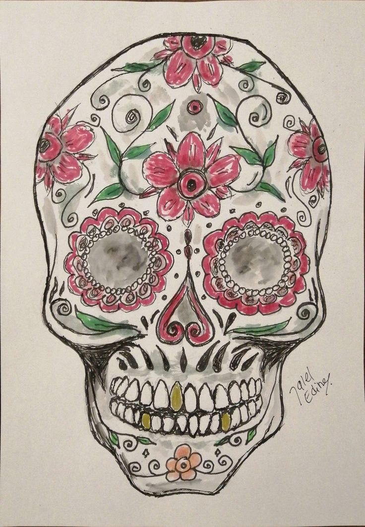 a drawing of a skull with flowers on it