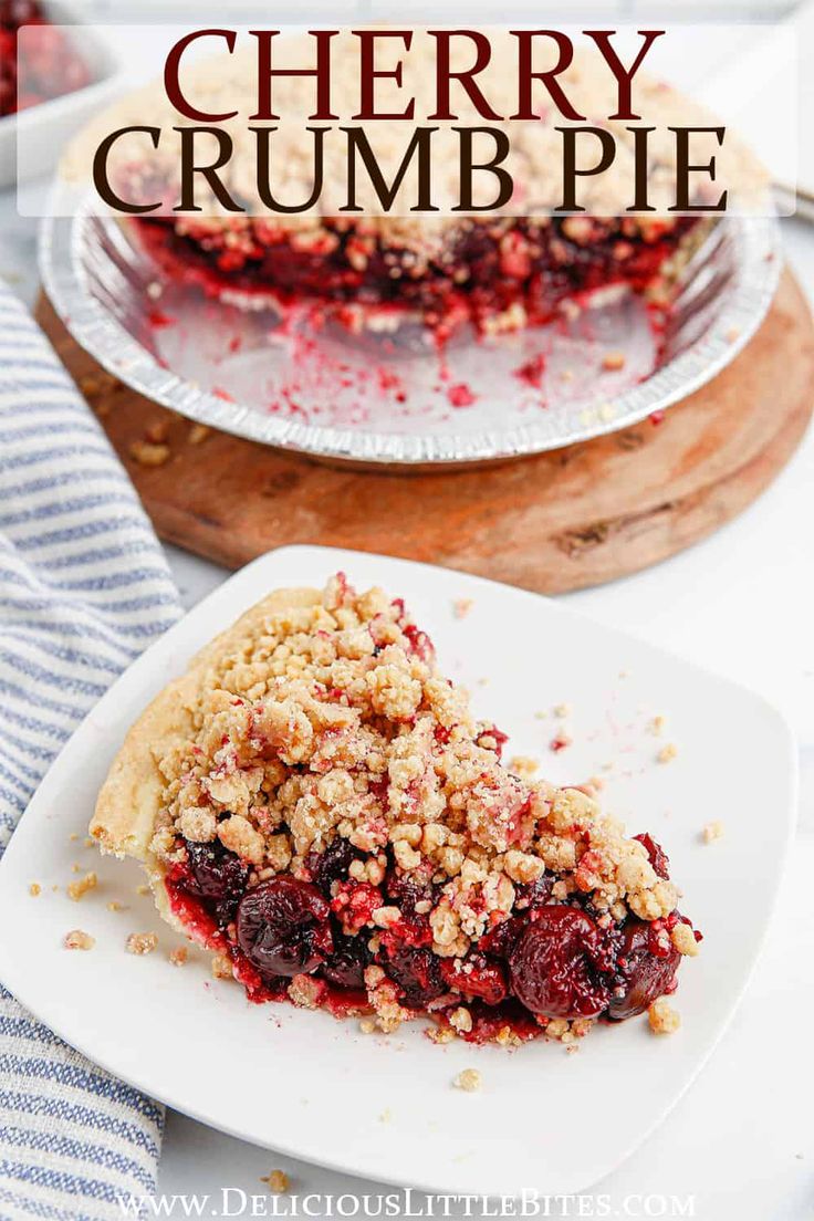 a slice of cherry crumb pie on a plate