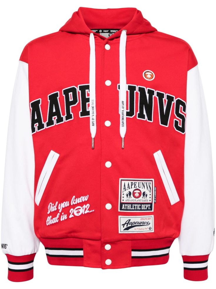 red/white appliqué logo logo patch to the front embroidered slogan logo waistband logo-print drawstring striped border drawstring hood drop shoulder long sleeves front press-stud fastening elasticated cuffs elasticated hem Casual Cotton Varsity Jacket For Campus, Red Cotton Outerwear With Letter Print, Cotton Varsity Jacket With Letter Patch For Streetwear, College Hooded Jacket With Letter Print, Varsity Hooded Outerwear For Campus, Hooded Varsity Outerwear For Campus, Sporty Cotton Outerwear For Campus, Hooded Letter Print Varsity Jacket For Streetwear, Collegiate Varsity Jacket With Logo Patch For Winter