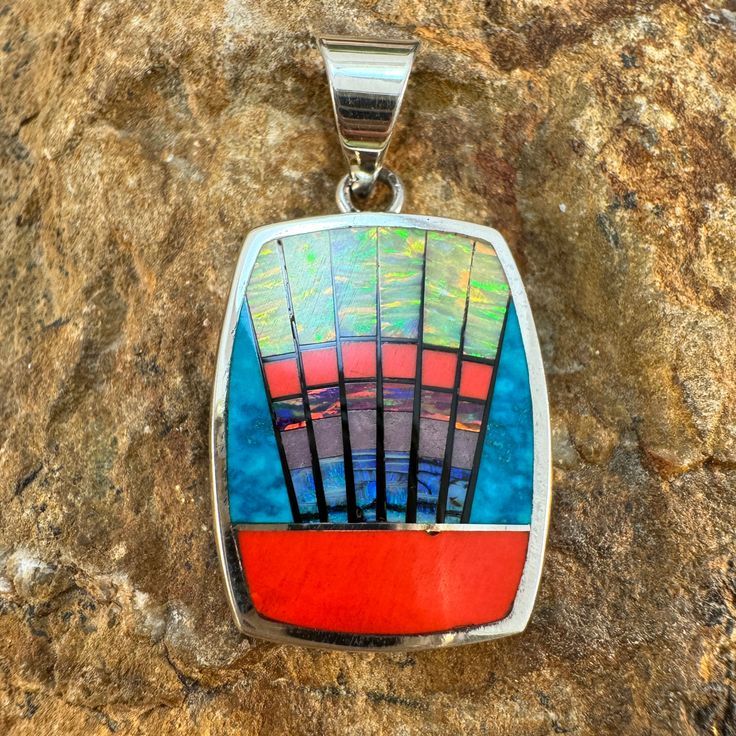 David Rosales Rosarita Inlaid Pendant Handmade Artisan Multicolor Gemstones, Bohemian Jewelry With Rectangular Gemstone, Unique Handmade Jewelry With Rectangular Stone, One Of A Kind Artisan Rectangular Jewelry, One Of A Kind Rectangular Artisan Jewelry, Multicolor Opal Jewelry With Unique Style, Handmade Multicolor Artisan Gemstones, Multicolor Natural Stones Jewelry, Handmade Southwestern Rectangular Jewelry