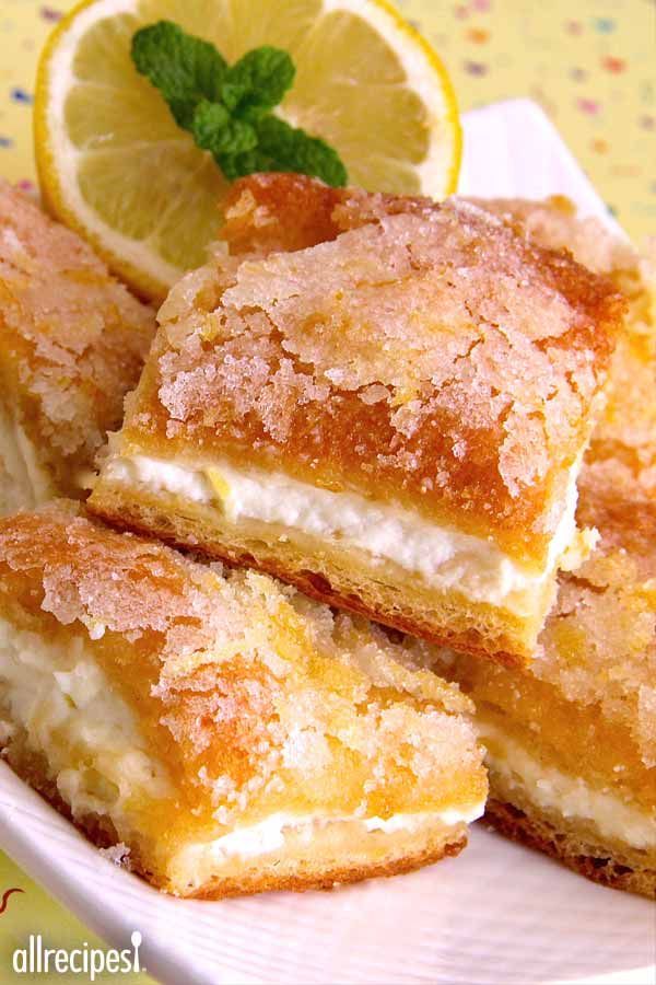 lemon bars are stacked on top of each other