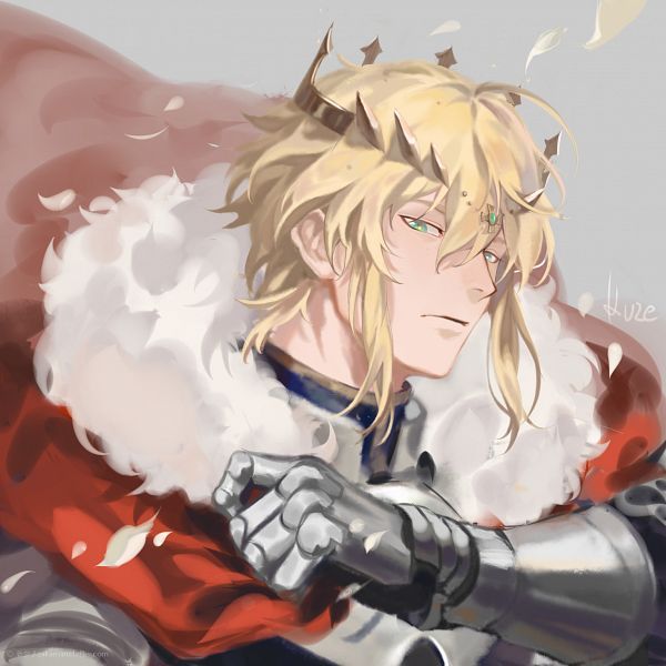 an anime character with long blonde hair wearing a red and white coat, holding his arms crossed