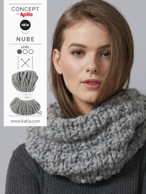 a woman wearing a gray knitted cowl with the text, concept for knitting