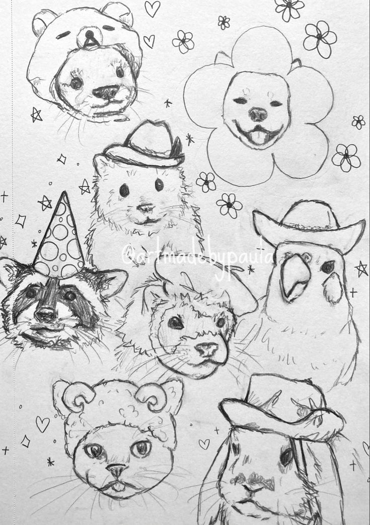 some drawings of animals with hats and flowers