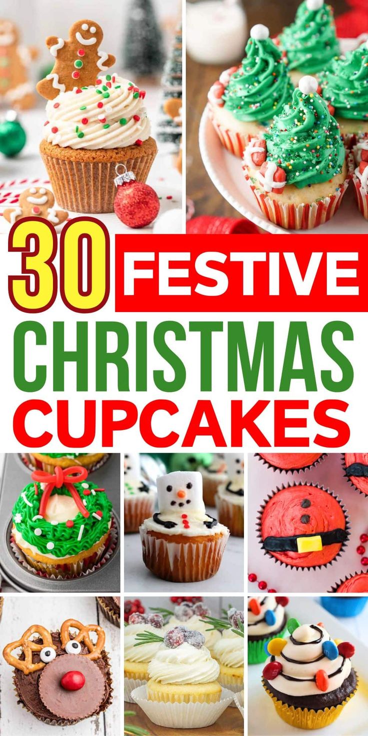 christmas cupcakes with the words, 30 festive christmas cupcakes