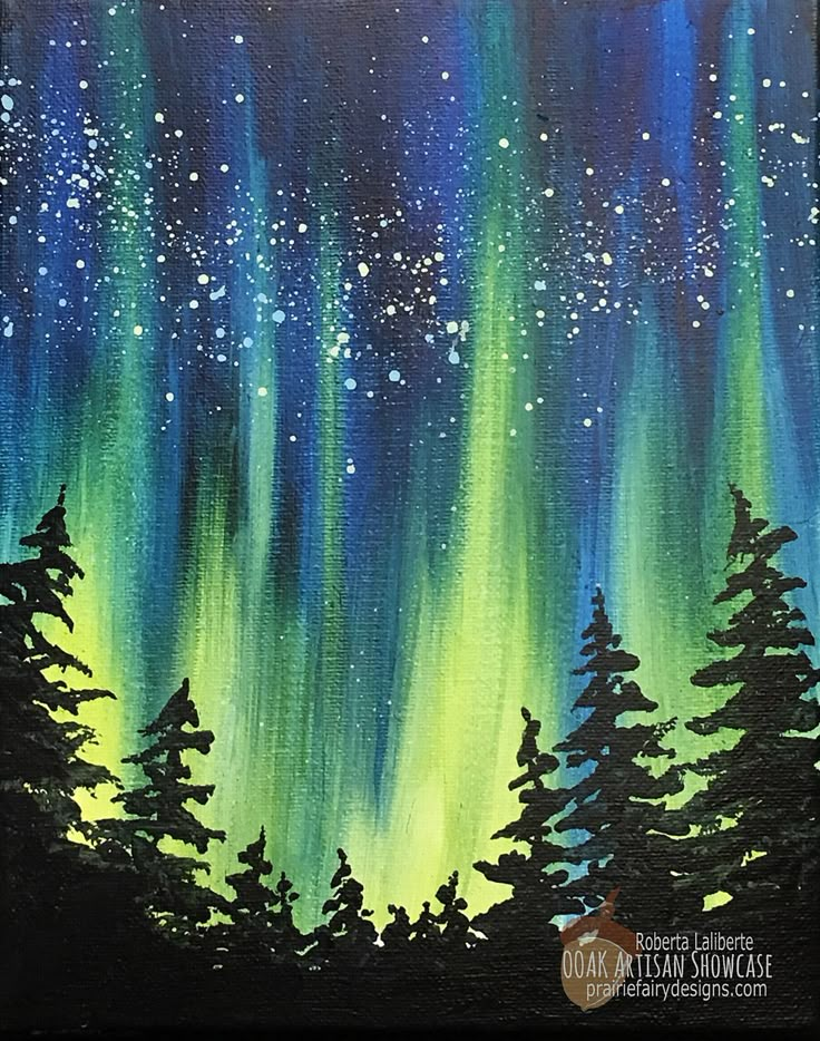 an acrylic painting of the night sky with green and blue aurora bores