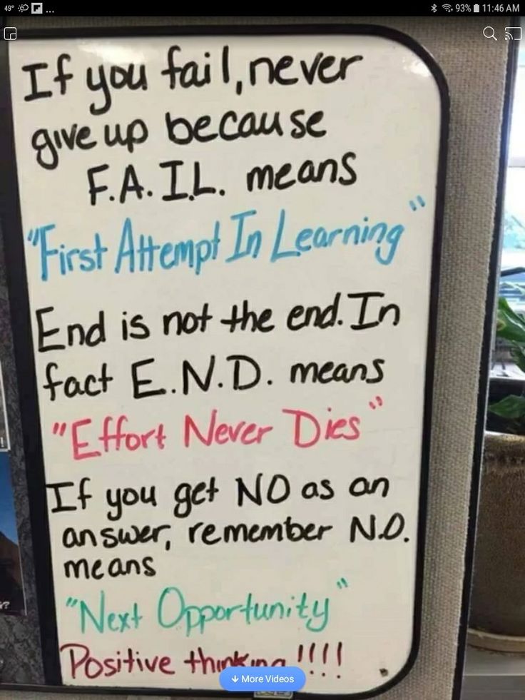 a white sign with writing on it that says if you fail never give up because fal means first attempt in learning