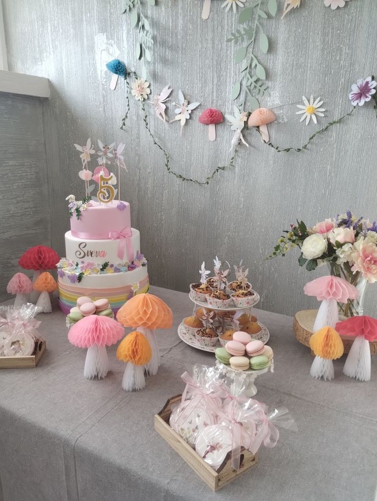 a table topped with lots of cakes and desserts